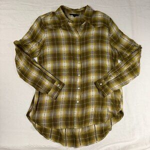 Women’s Olive Green Mustard Plaid Button Down Shirt Size Large – Long Sleeve Cur